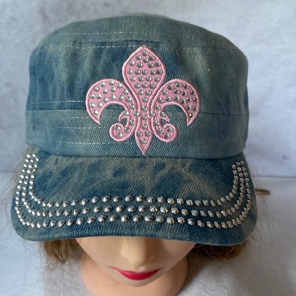 Rhinestone Castro Cap Pink Fleur de Lis Light Acid Wash Blue Denim - Picture 1 of 10